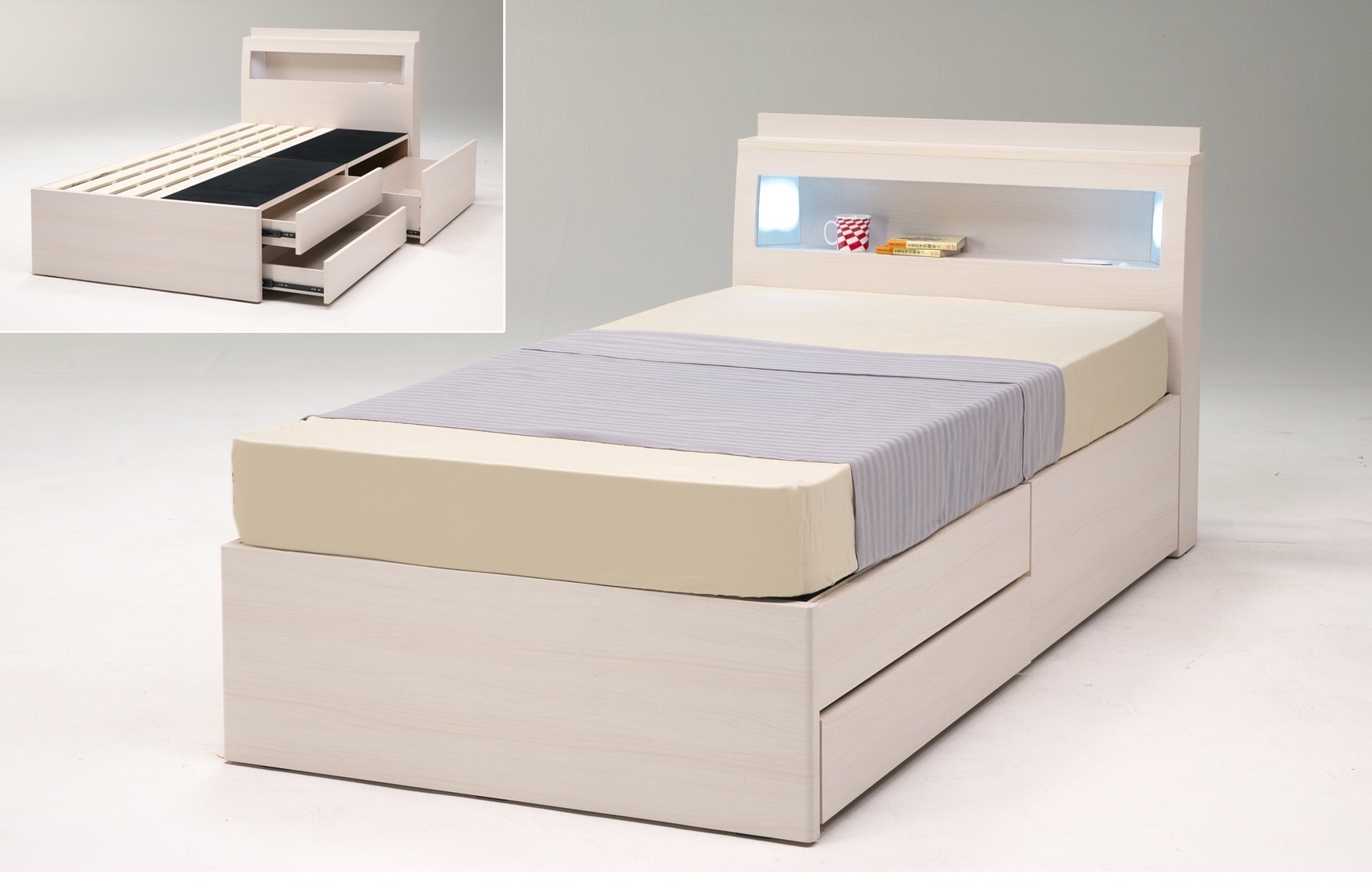 ライト付棚付チェストベッド(マット付)