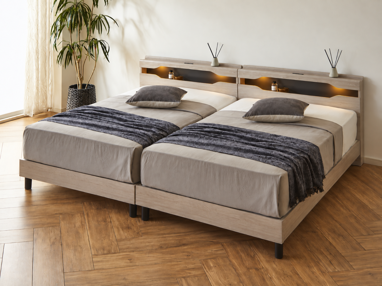 棚付ツインベッド(フランスベッド社製マットレス搭載)